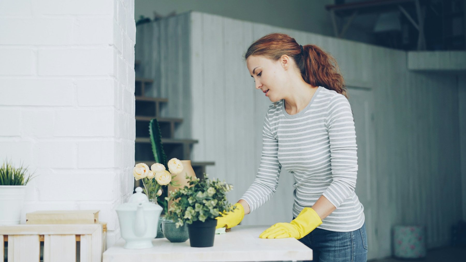 A Tidy Tash cleaner wiping down a counter in a bright home